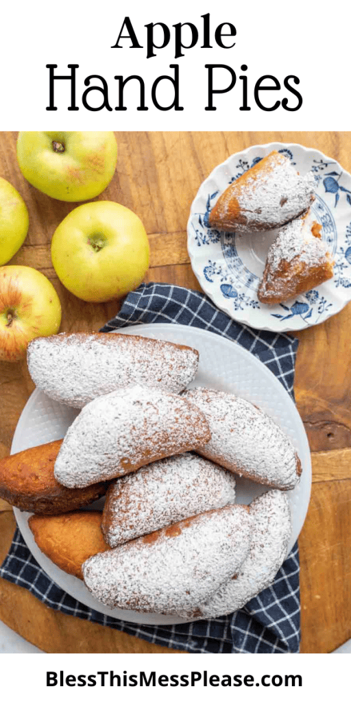 pin with text that reads apple hand pies and images of sugar dusted hand pies