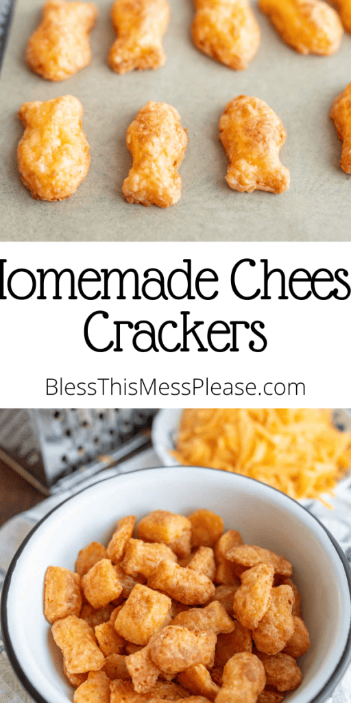 pin with text that reads homemade cheese crackers with baked cheese fish shaped crackers in a bowl and on a baking sheet