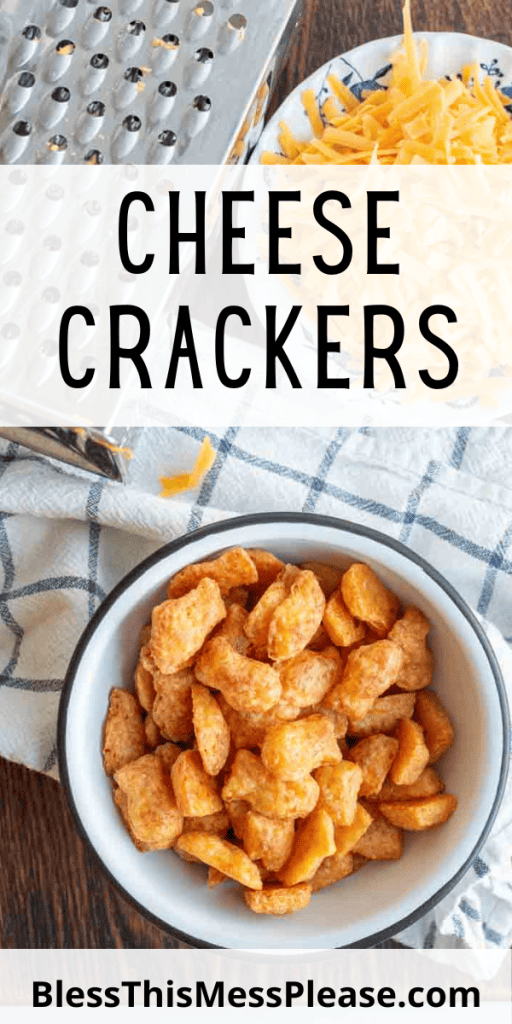 pin with text that reads homemade cheese crackers with baked cheese fish shaped crackers in a bowl