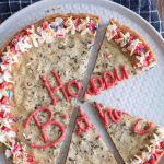 pin with text that reads chocolate chip cookie cake with a round XL cookie with Happy Birthday decorations