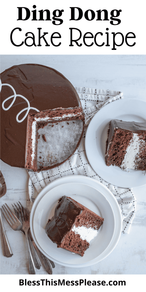 pin that reads chocolate ganache recipe with images of chocolate ding dong cake