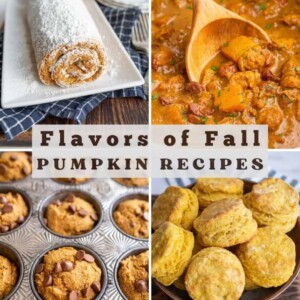 A collage of autumn-themed pumpkin recipes: pumpkin roll dusted with powdered sugar, a wooden spoon stirring hearty pumpkin stew, a muffin tin with golden muffins, and fluffy biscuits. Text reads “Flavors of Fall Pumpkin Recipes.”.