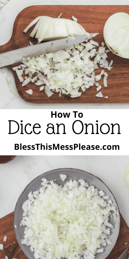 pin with text that reads how to dice an onion