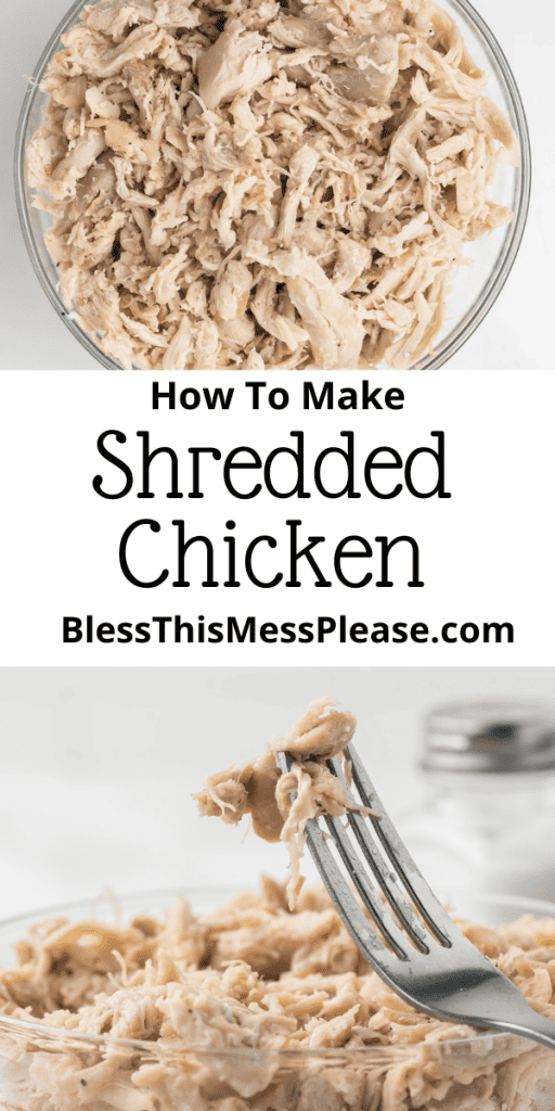 pin with text that reads how to make shredded chicken