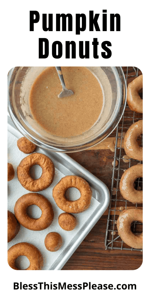 pin with text that reads pumpkin donuts recipe