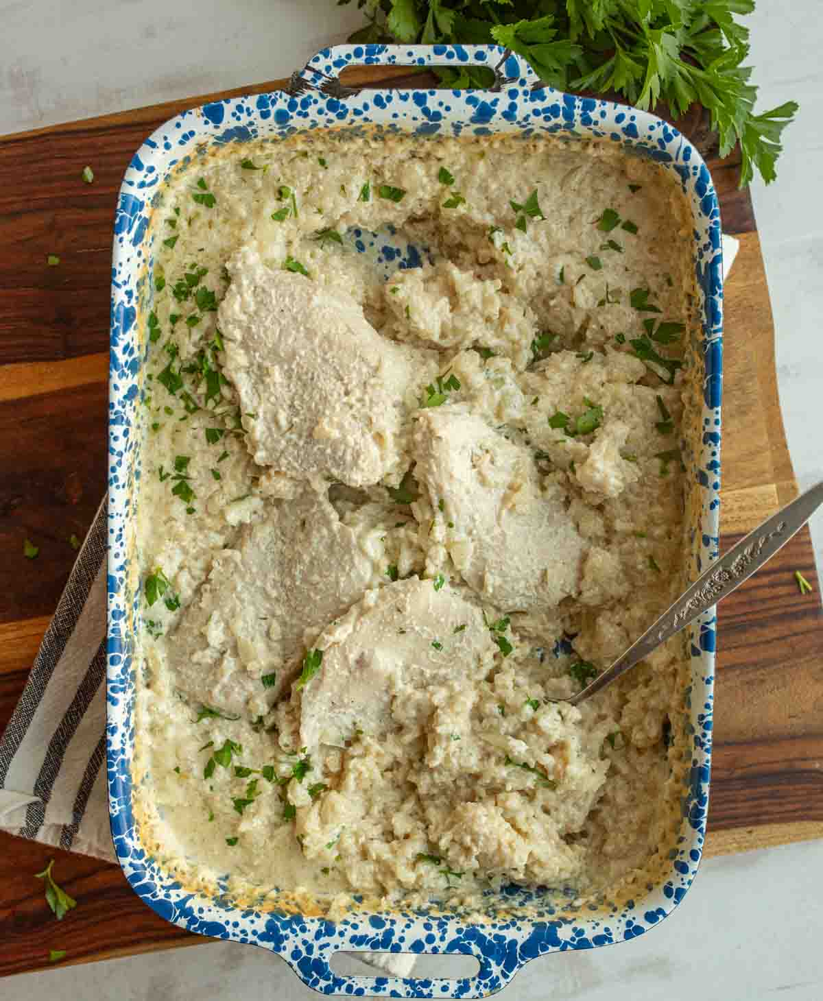 chicken and rice in blue dish