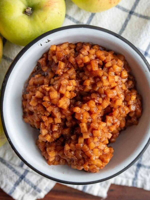 top view of a bowl with small diced apple pie filling