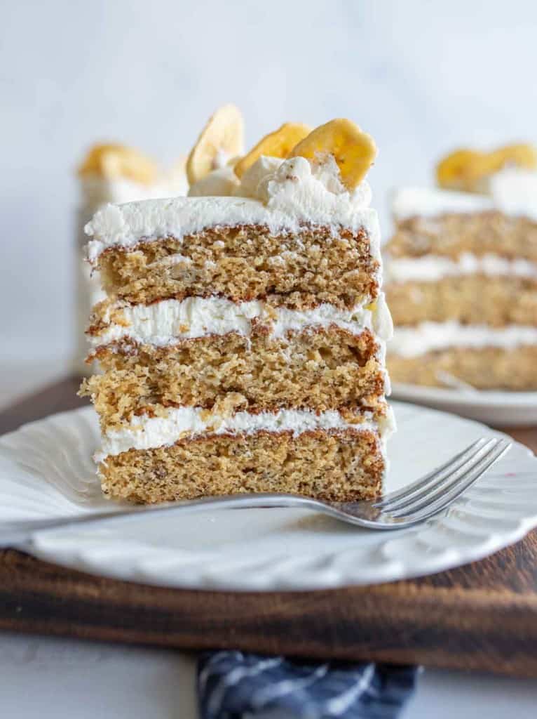 three layer banana cake with white frosting