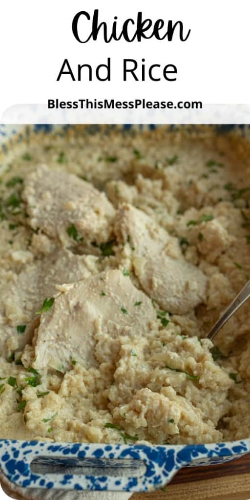 pin with text that reads chicken and rice