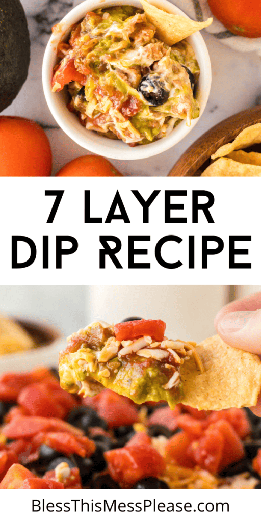 pintrest image with text that reads 7 layer dip recipe