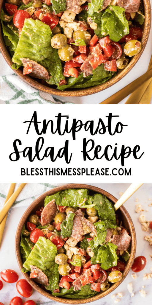 pintrest image with text that reads antipasto salad recipe