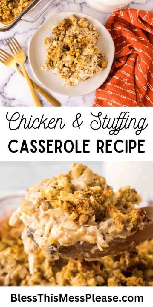 pintrest image with text that reads chicken and stuffing casserole recipe