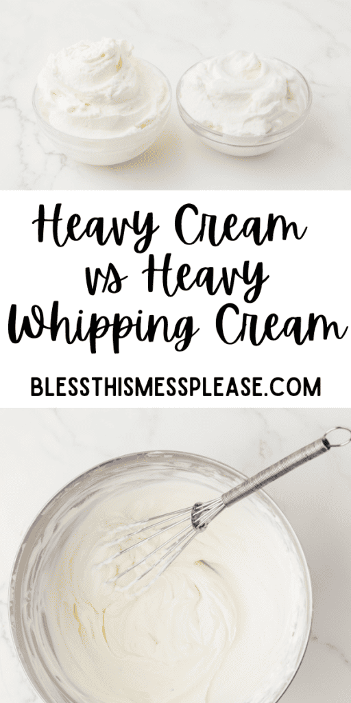 pintrest image with text that reads heavy cream vs heavy whipping cream