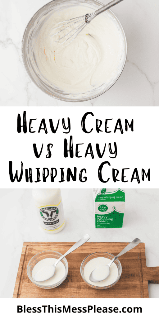 pintrest image with text that reads heavy cream vs heavy whipping cream