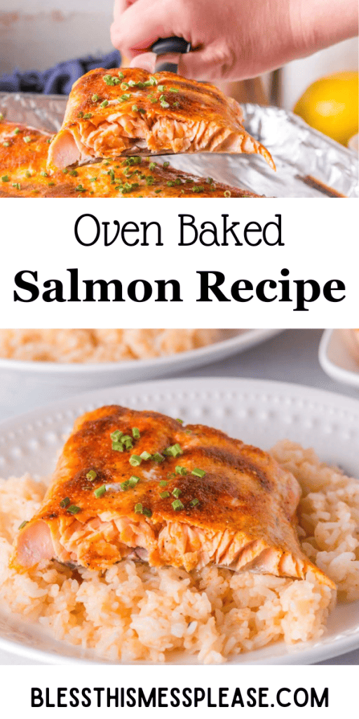 Pinterest pin with text that reads oven baked salmon recipe.