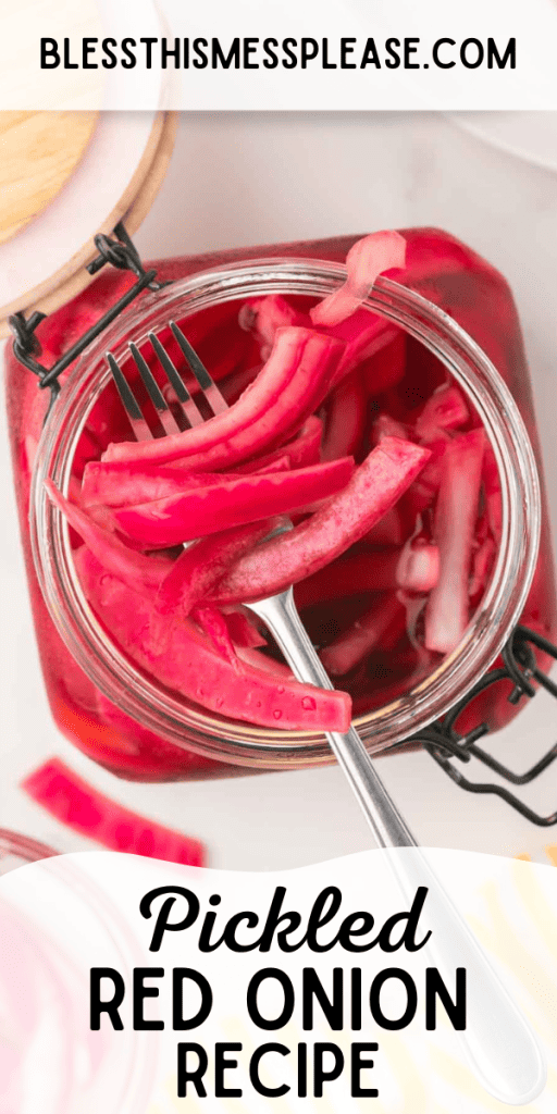 pintrest image with text that reads pickled red onions