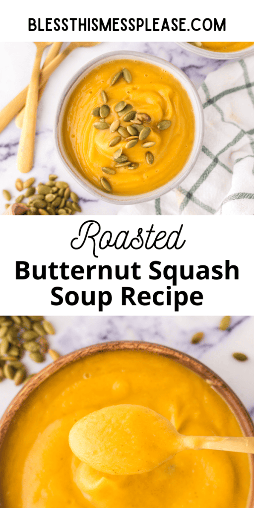 pintrest image with text that reads roasted butternut squash soup recipe.