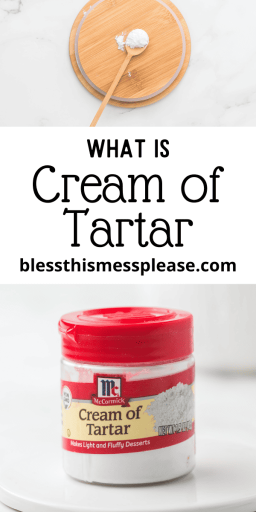 pintrest image with text that reads what is cream of tartar with photo of McCormic brand tartar with a red lid