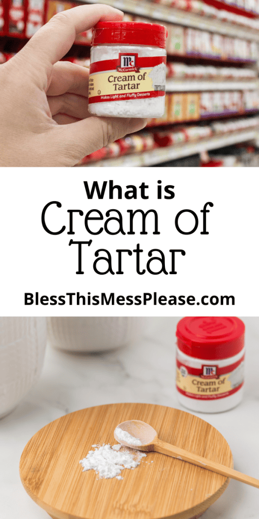 pintrest image with text that reads what is cream of tartar with photo of McCormic brand tartar with a red lid