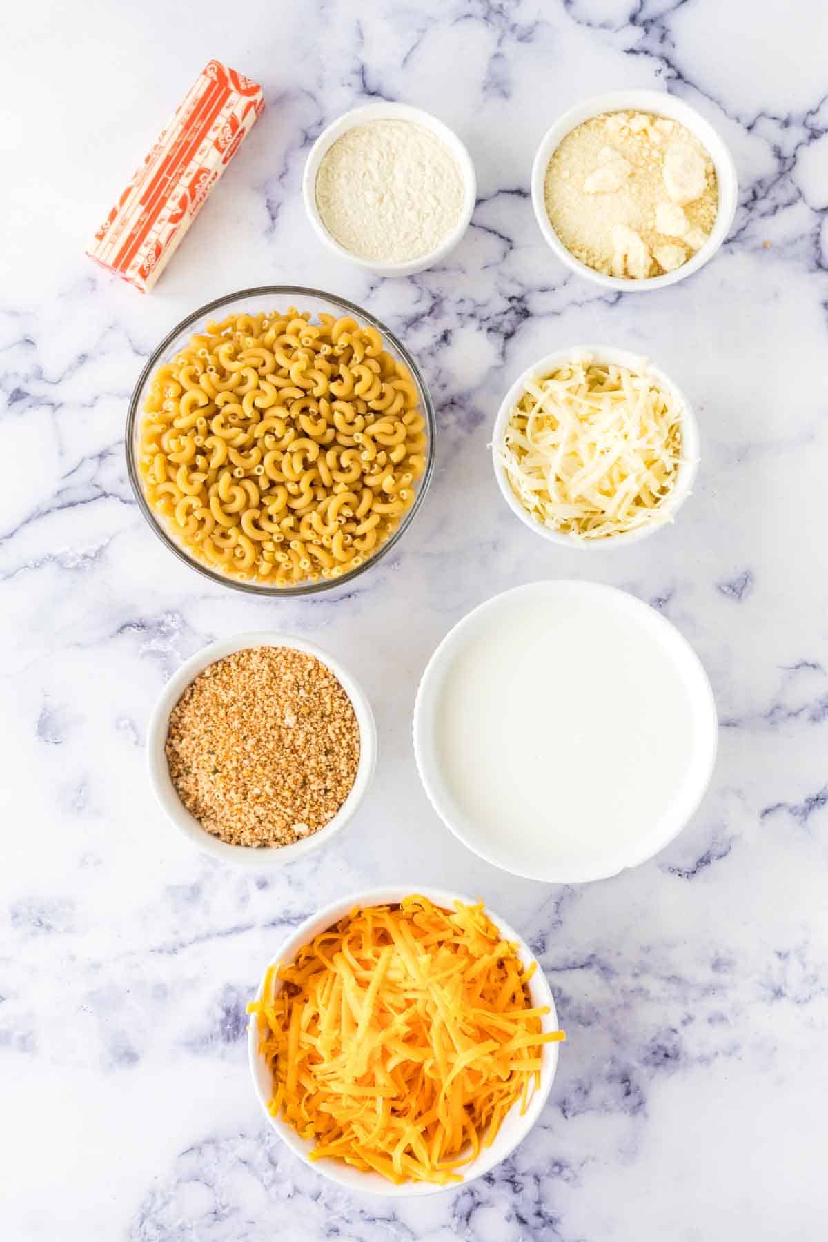 Ingredients for baked mac n cheese.