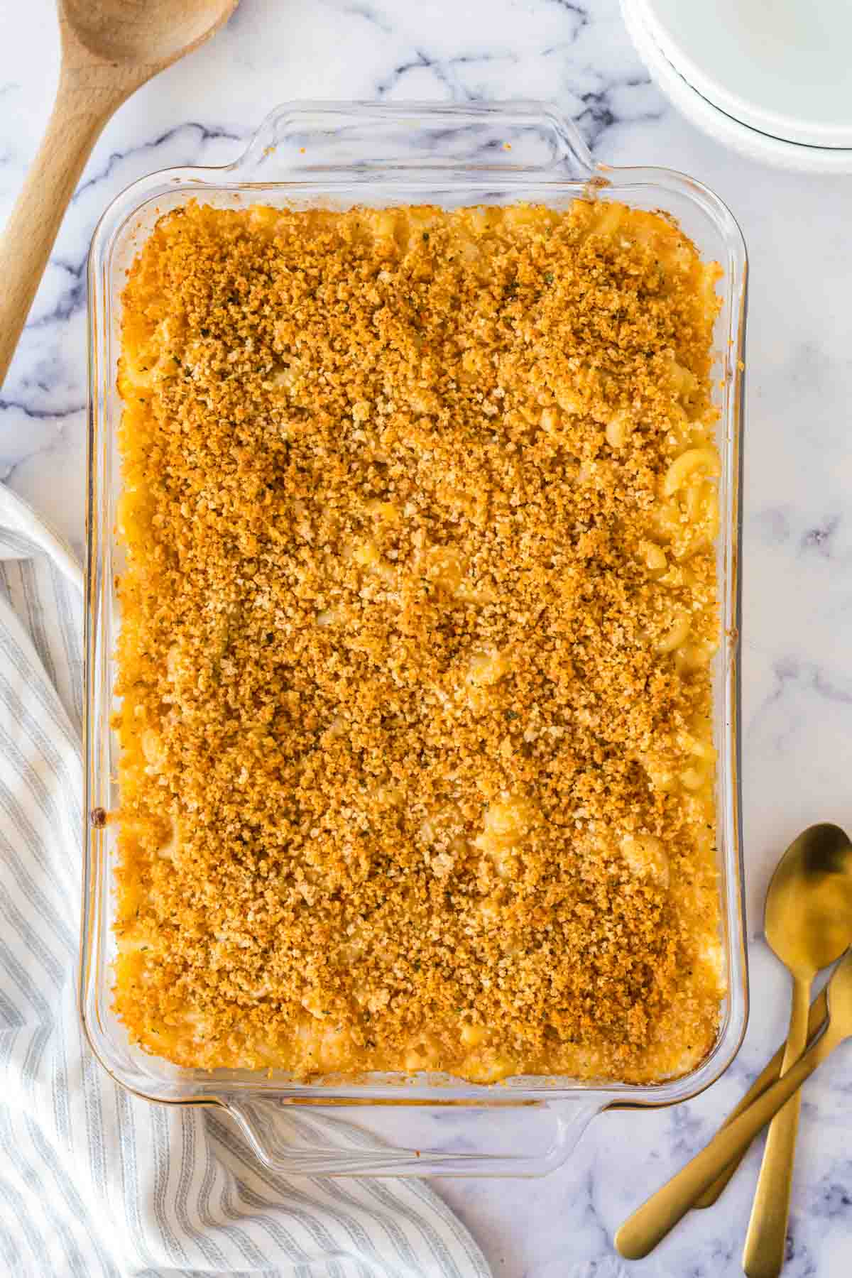 Finished baked mac n cheese in a baking dish.