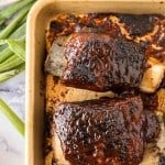 top view of beef ribs glazed on a baking sheet