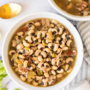 black eyed peas in a white serving bowl
