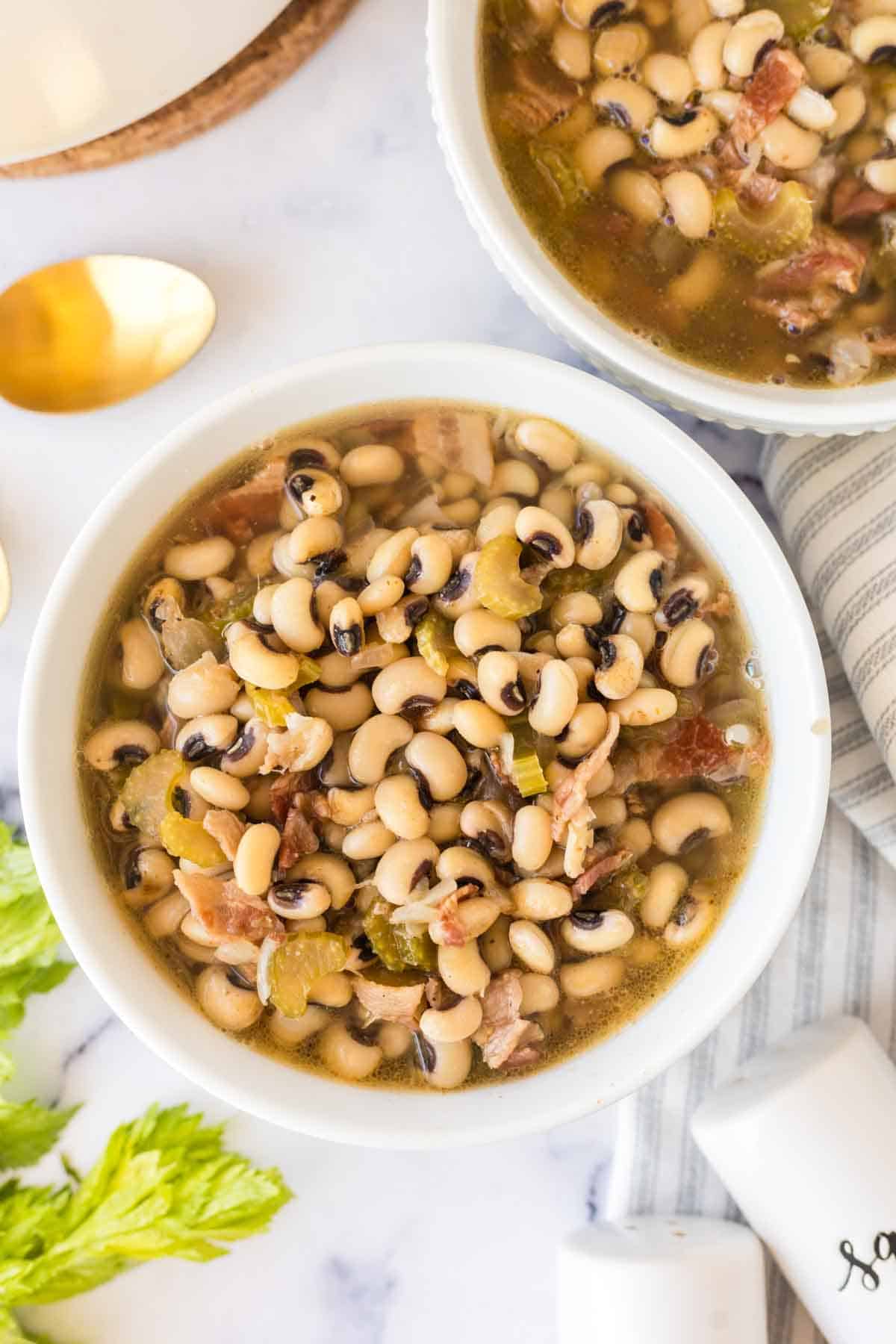 black eyed peas in a white serving bowl