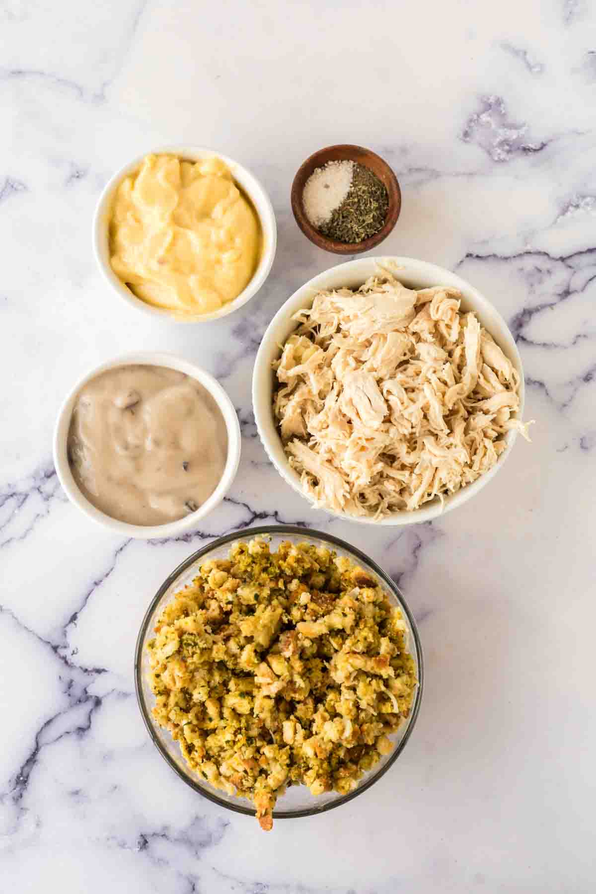 Ingredients for chicken and stuffing casserole.