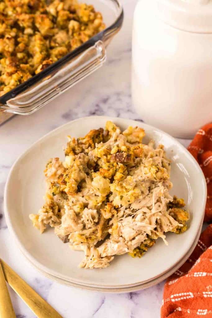 Chicken and stuffing casserole served on a white plate.