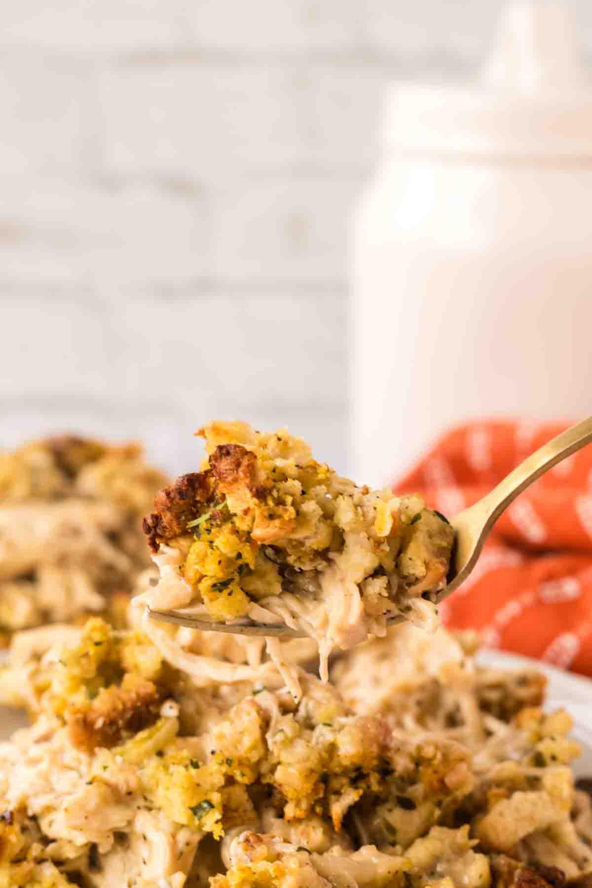 Bite of chicken and stuffing casserole.