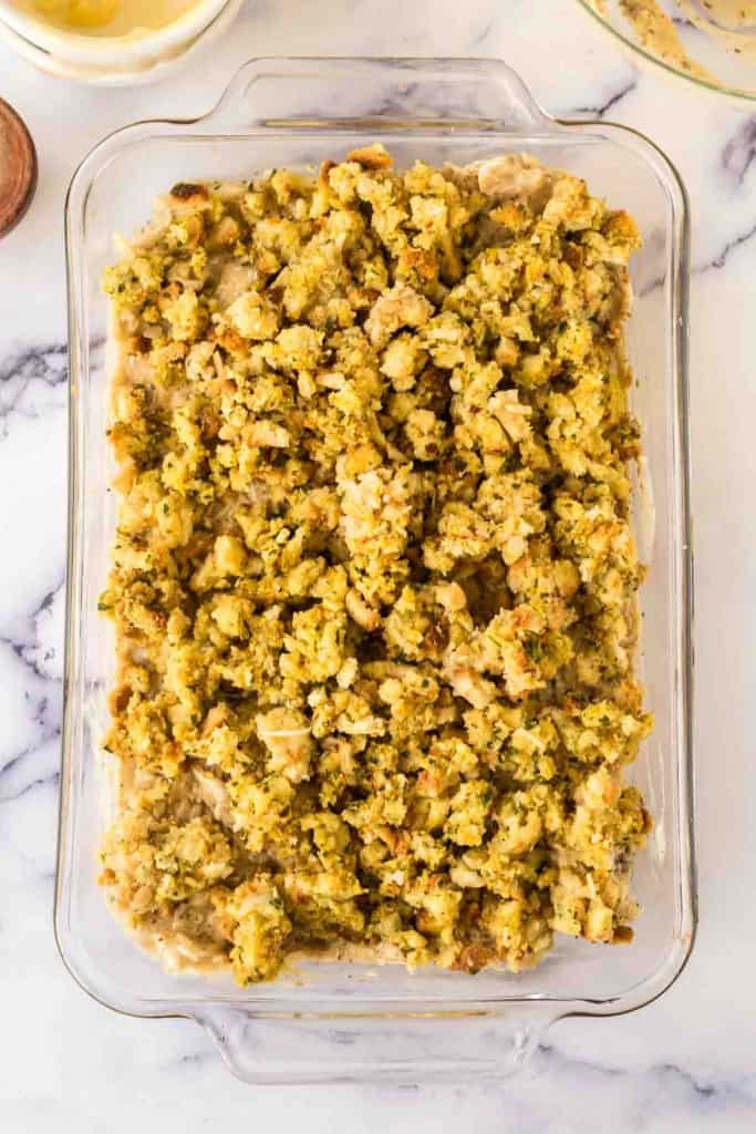 Chicken and stuffing casserole in a 9x13 dish.
