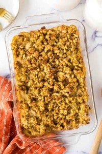 top view of a chicken and stuffing casserole in a 9x13 dish.