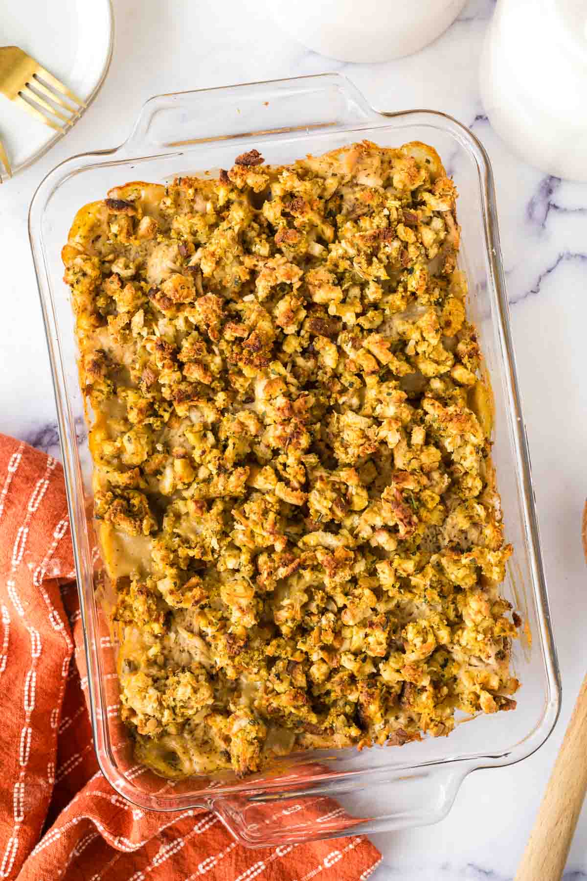 top view of a chicken and stuffing casserole in a 9x13 dish.