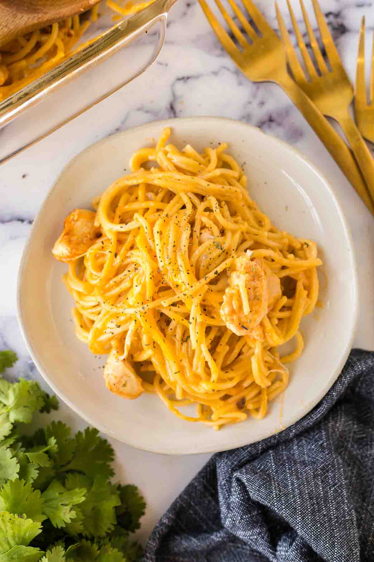 top view white plate with chicken spaghetti