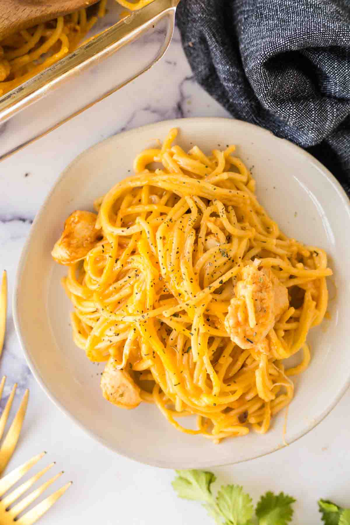 top view round white plate with chicken spaghetti