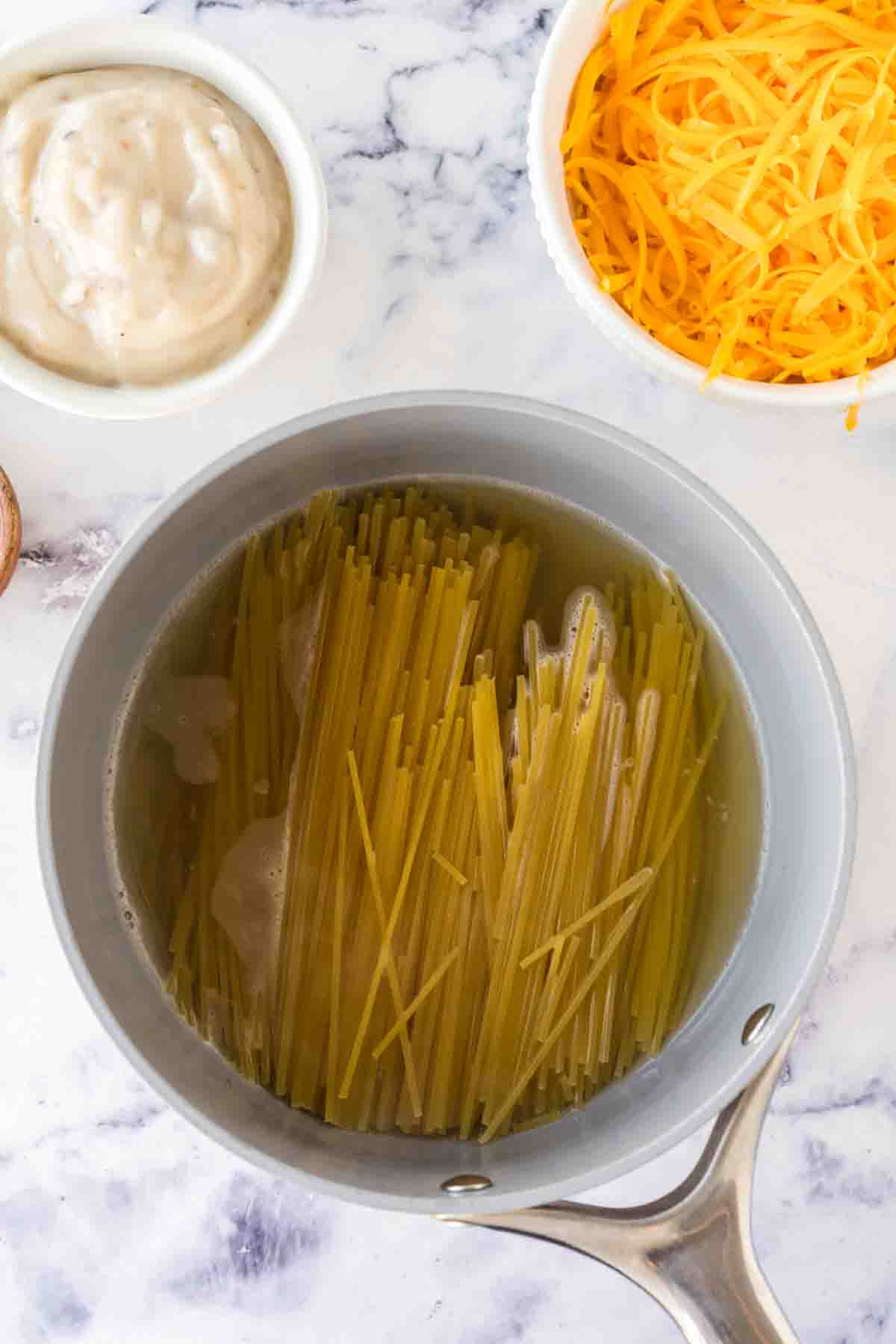 pot with water and dry pasta ready to boil