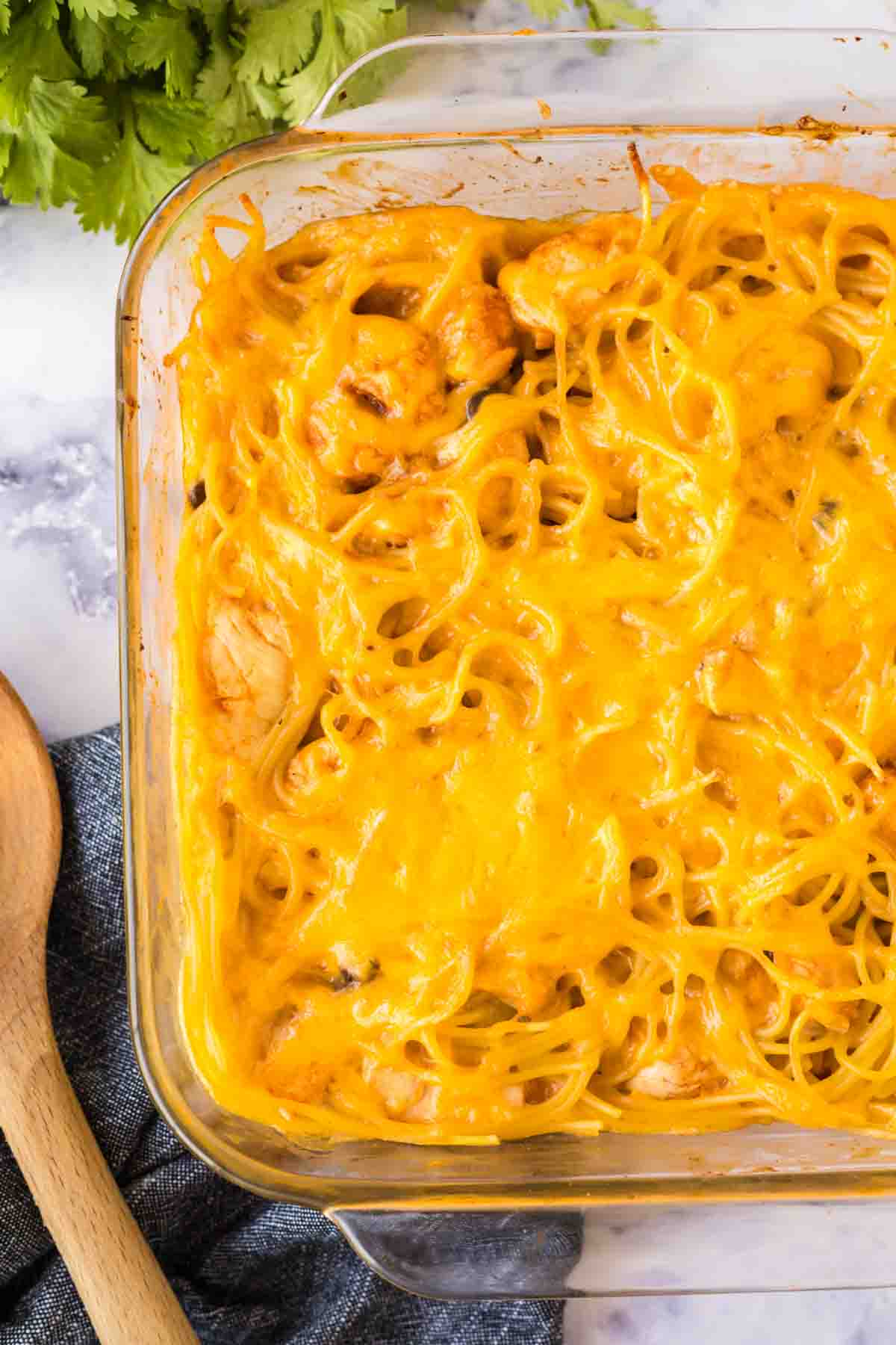 casserole dish with chicken spaghetti recipe