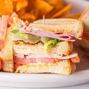 side view with a round white plate with a club sandwich on top with chips