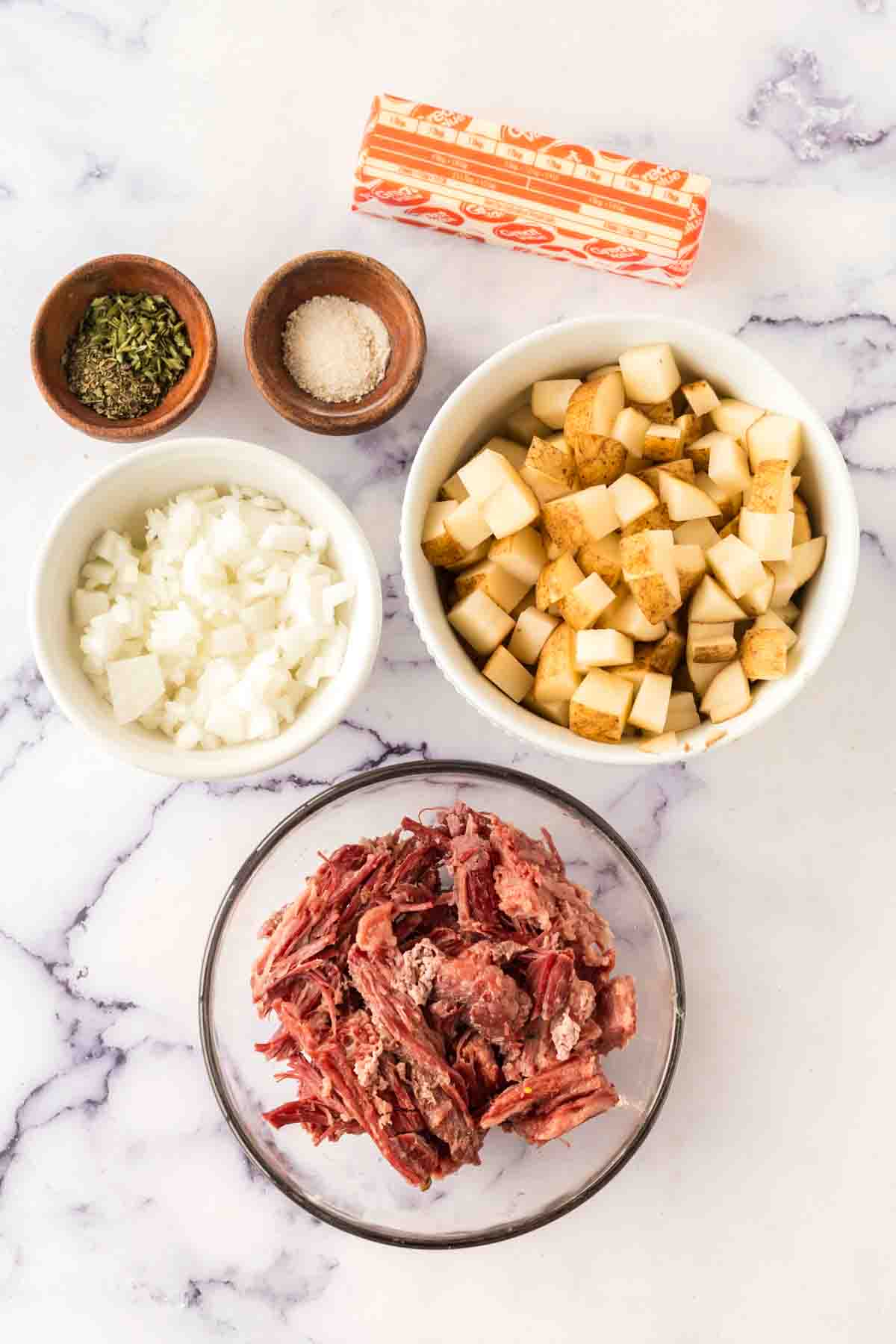 Corned beef hash ingredients.