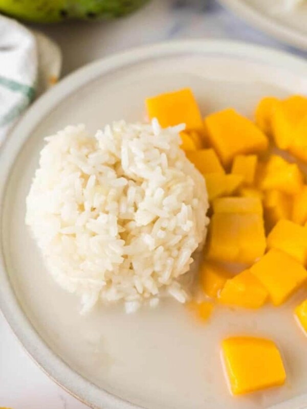 mango sticky rice on a white plate