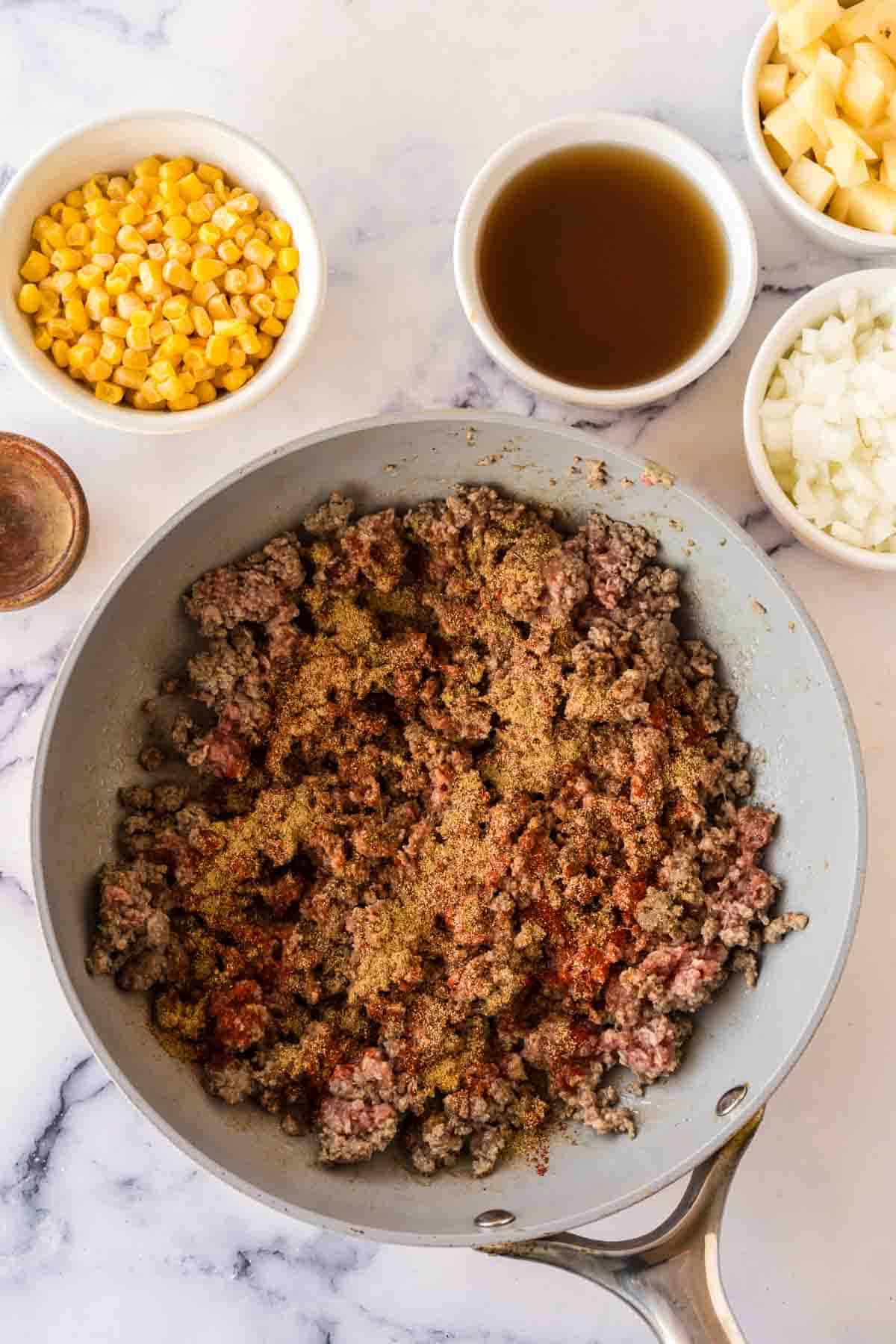 sauce pan filled with empanada ingredients