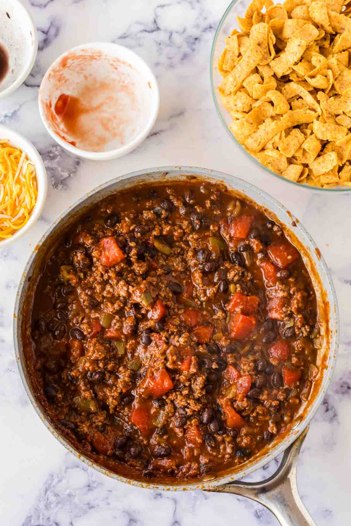 cooked filling in a pan for frito pie