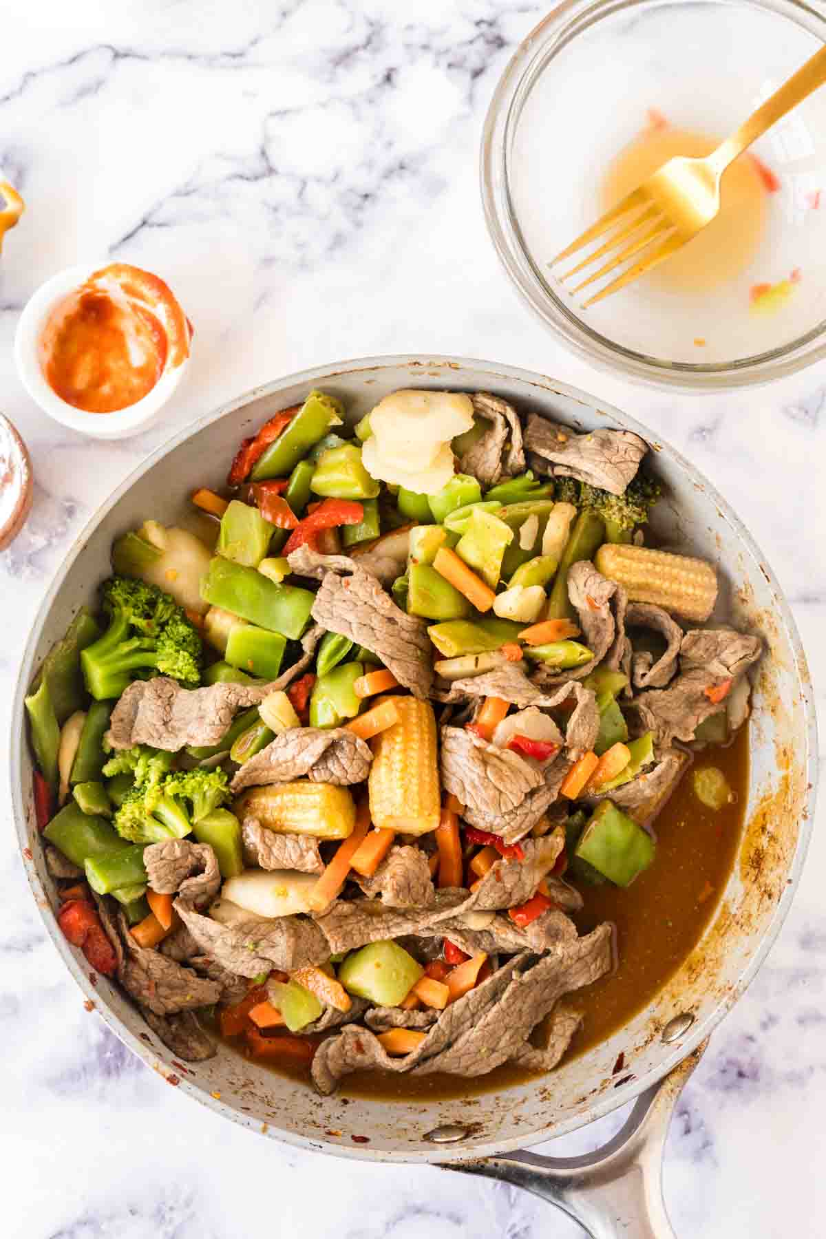 sauce pan with the cooked mix for the hunan beef recipe