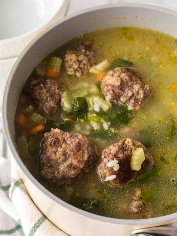 a sauce pan with Italian wedding soup