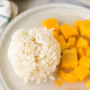 mango sticky rice on a white plate