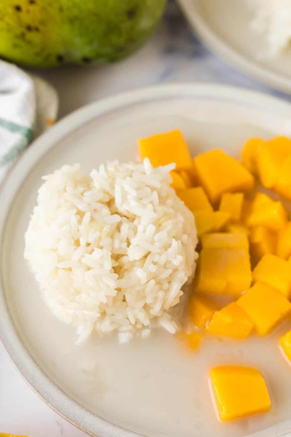 mango sticky rice on a white plate