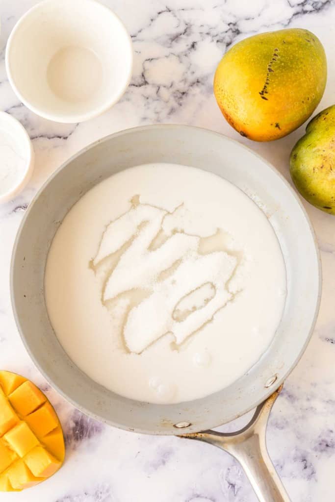 sugar being melted down before mango sticky rice