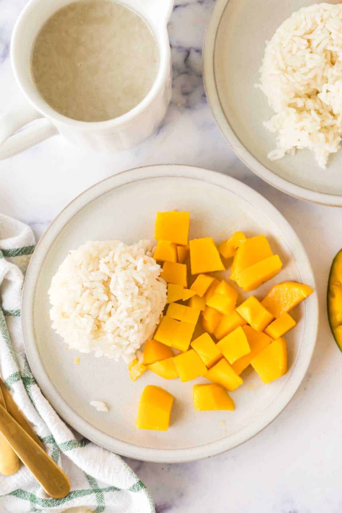 top view of mango sticky rice on a white plate