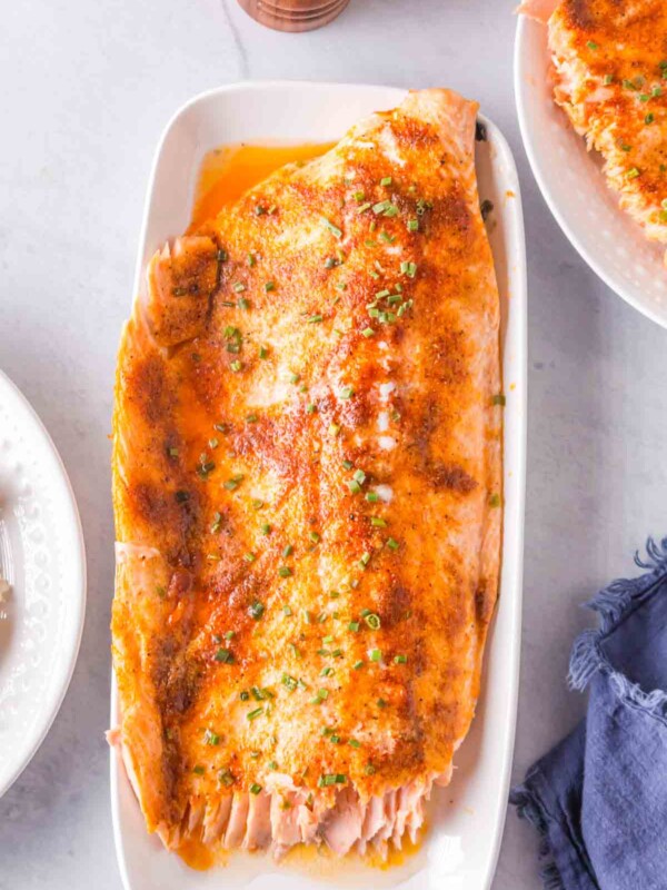 long white plate with the baked salmon recipe